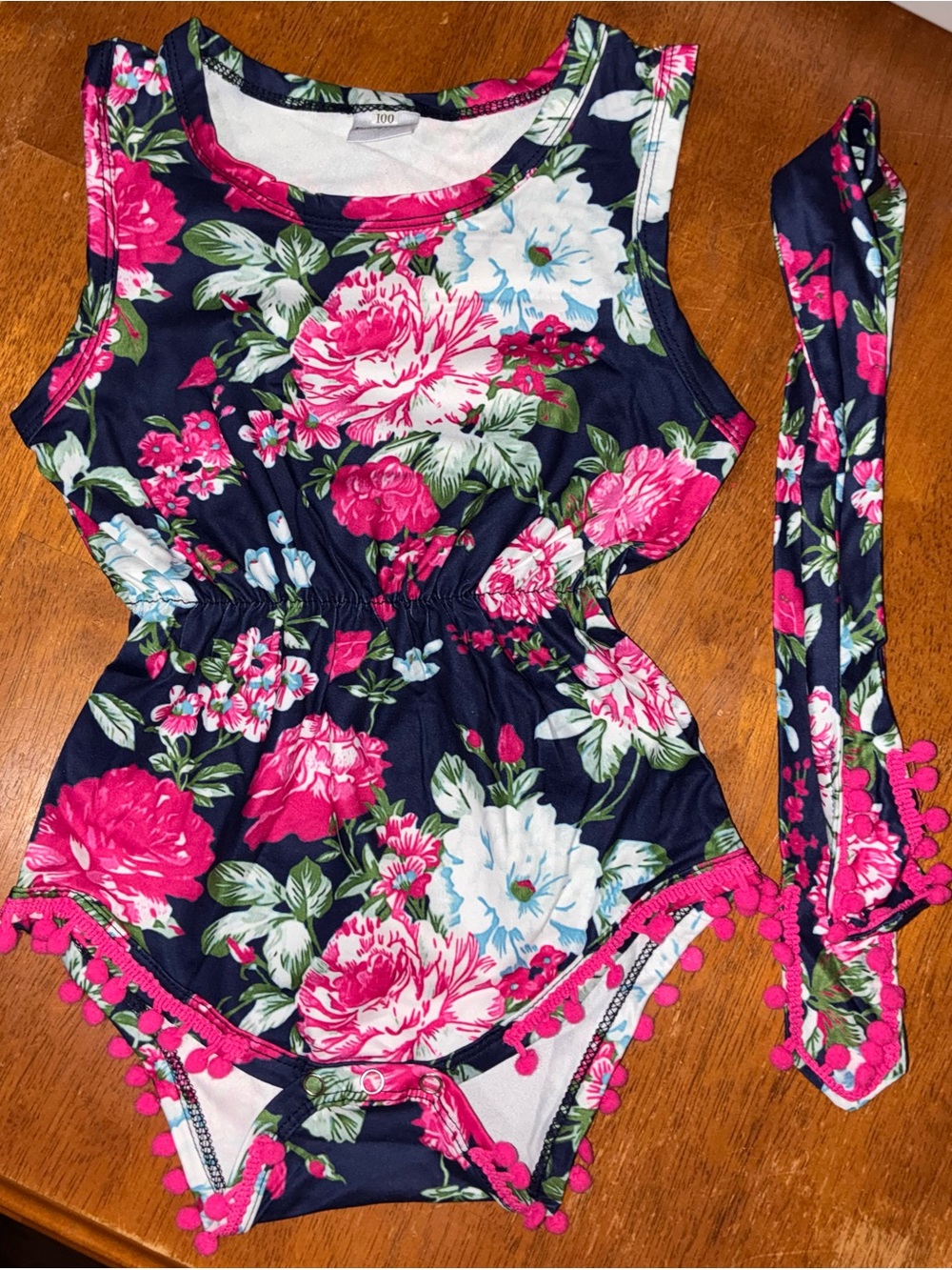 Navy Floral Girls' One-Piece Bodysuit with Pink Trim